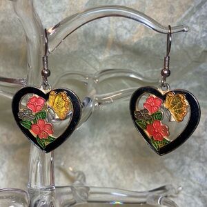 Vintage Cloisonné-like Enamel Floral Heart Drop Earrings - Black, Red, Gold